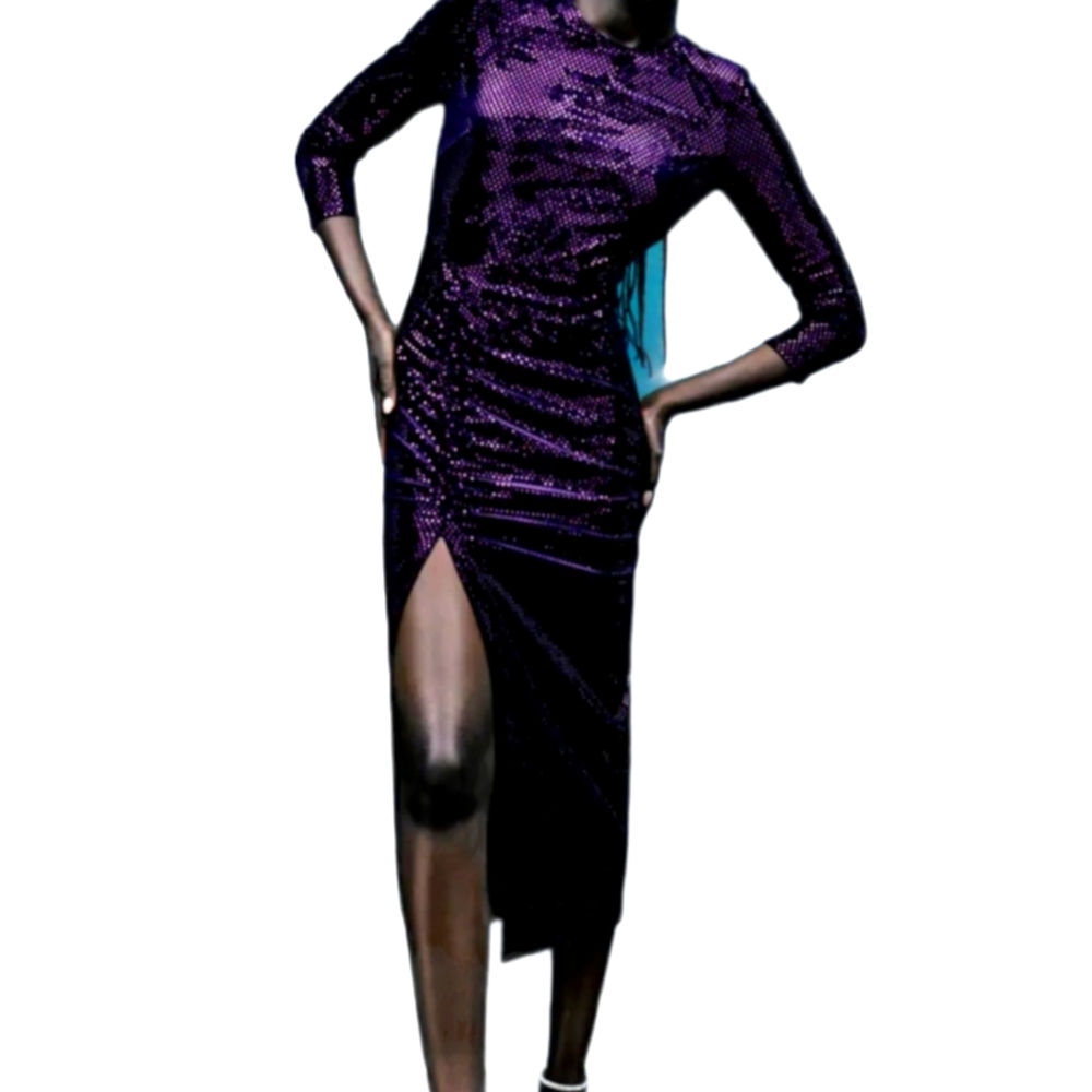 Zara Sequin Purple Midi Dress with hem slit